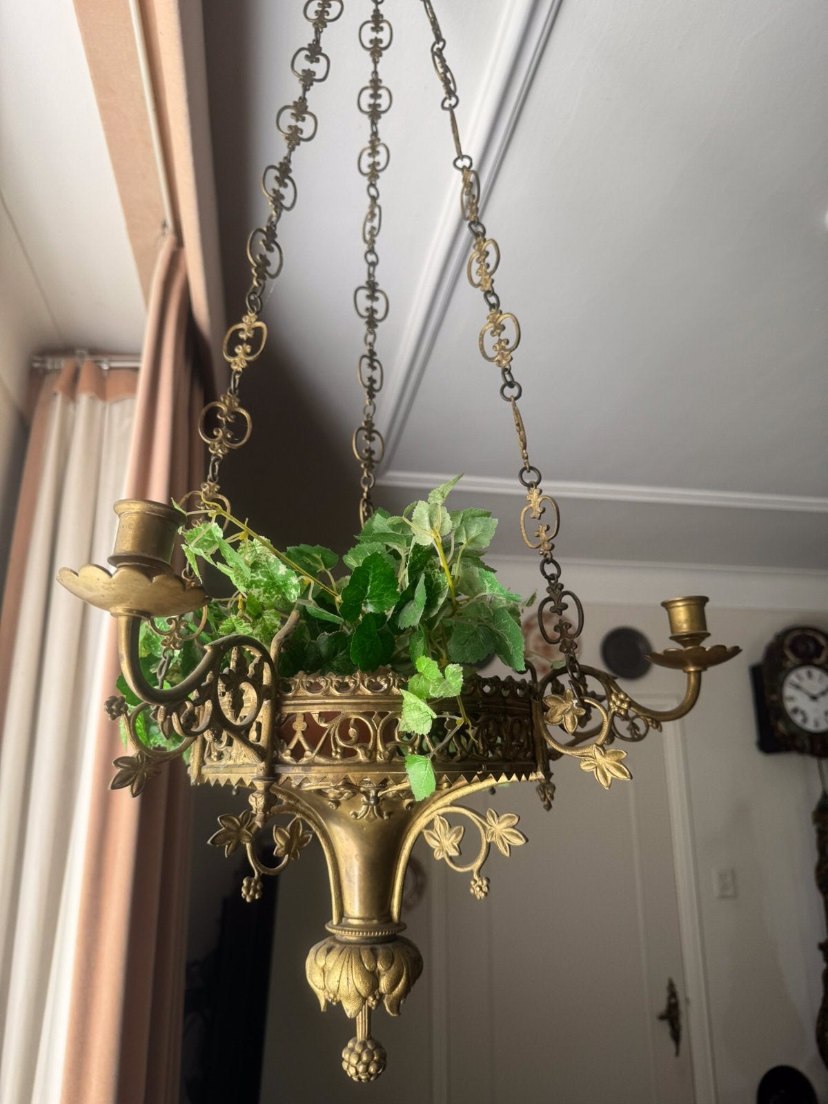 Antieke Franse koperen Godslamp met kaarsenhouders, Ophalen