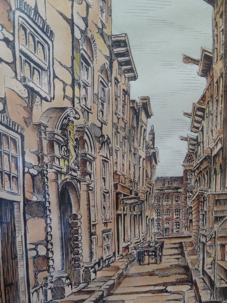 ingekleurde litho straat Wijnkopersgildehuis Amsterdam Wiard, Antiek en Kunst, Kunst | Litho's en Zeefdrukken, Watermerk, Verzenden