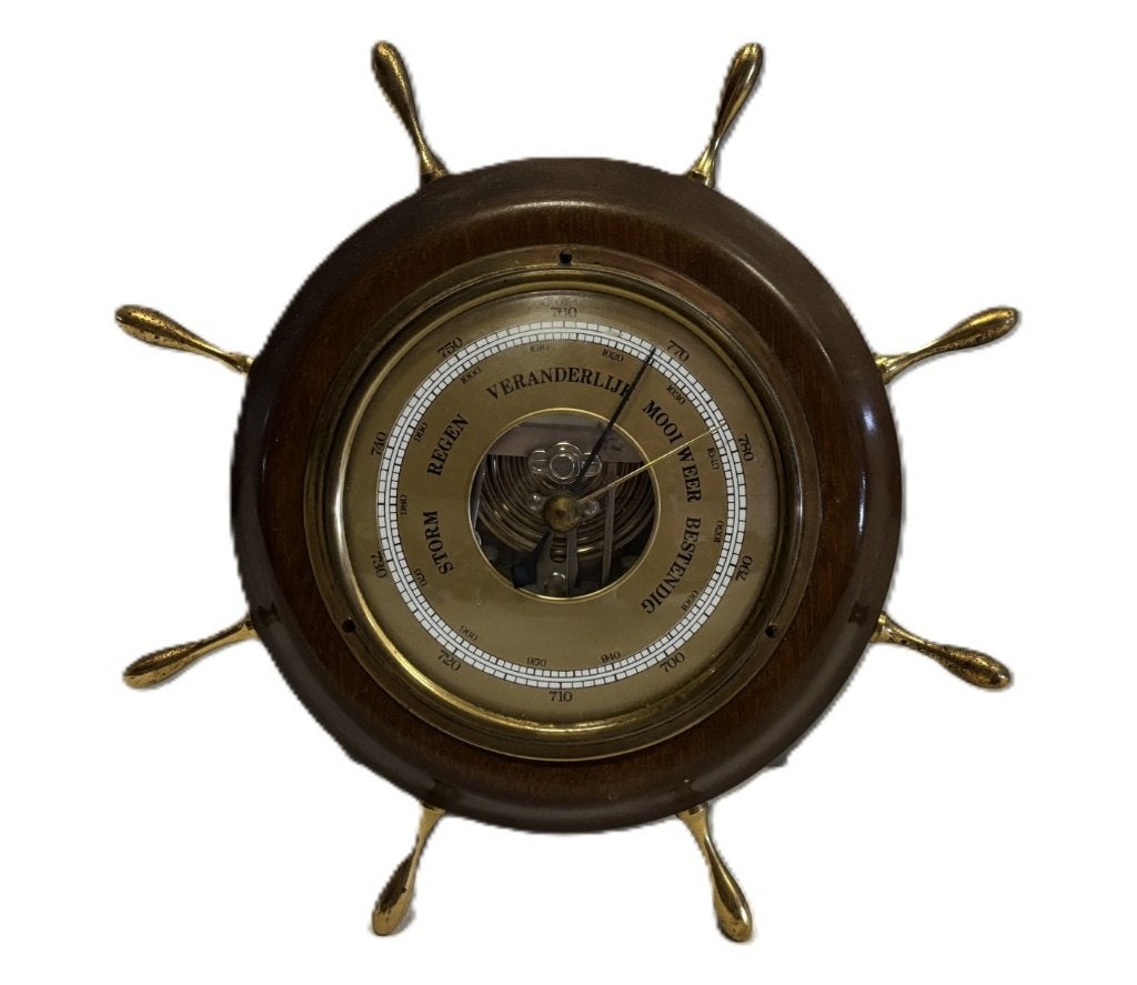 Vintage barometer in houten stuurwiel met messing spaken, Gebruikt, Niet bekend (tweedehands product), Onbekend (tweedehands product)