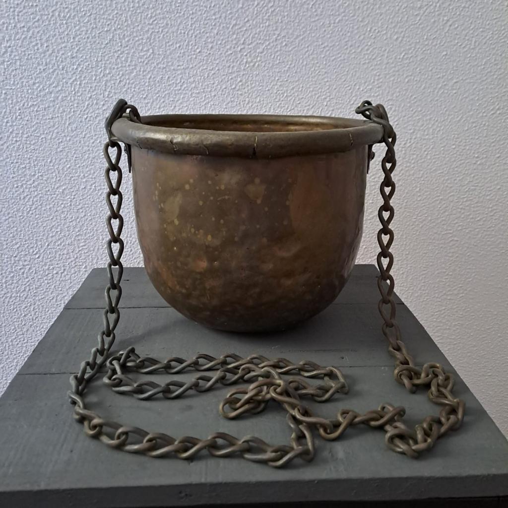 Antieke koperen hangpot met ketting, Antiek en Kunst, Antiek | Koper en Brons, Ophalen of Verzenden