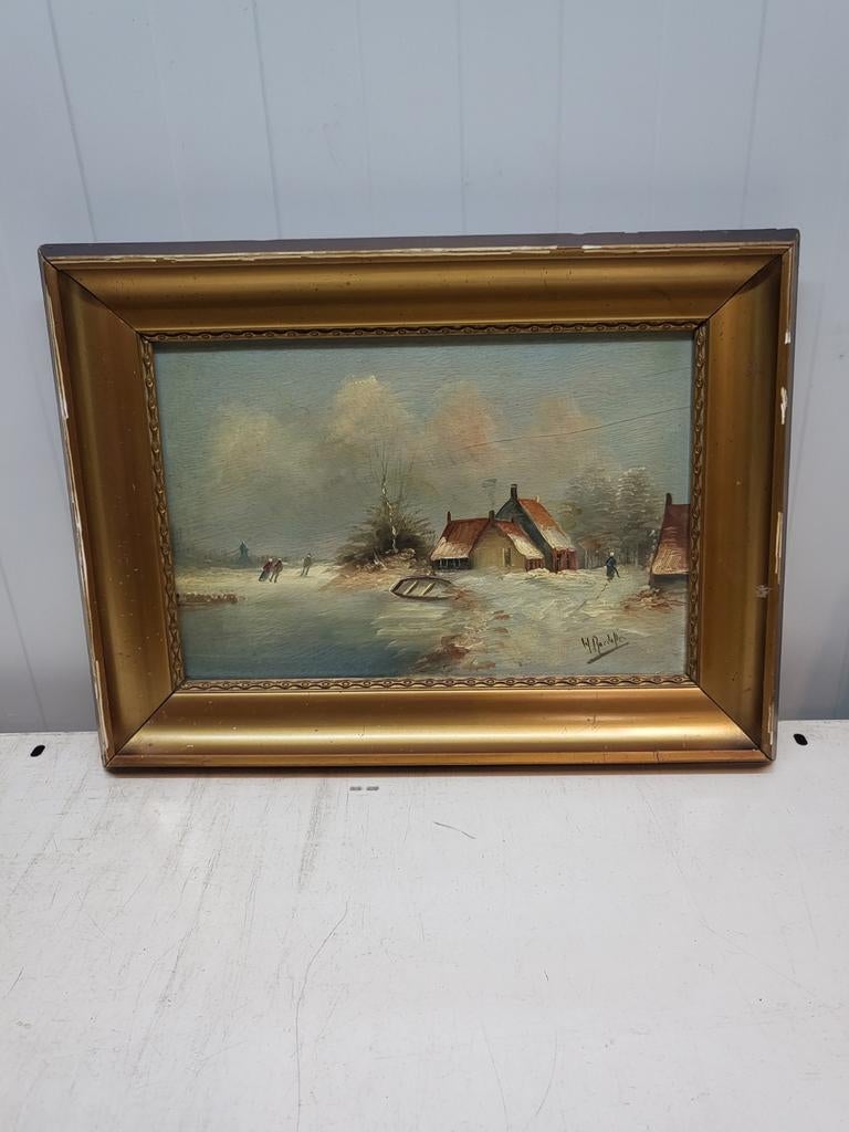 Winters landschap schilderij, gesigneerd H. Bartels, Ophalen of Verzenden
