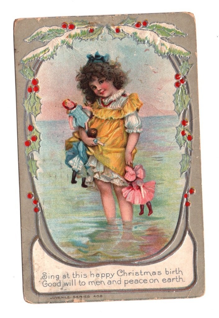 Antieke Ansichtkaart Kerst Meisje Met Poppen 1916, Verzamelen, Ansichtkaarten | Themakaarten, Ophalen of Verzenden, Voor 1920
