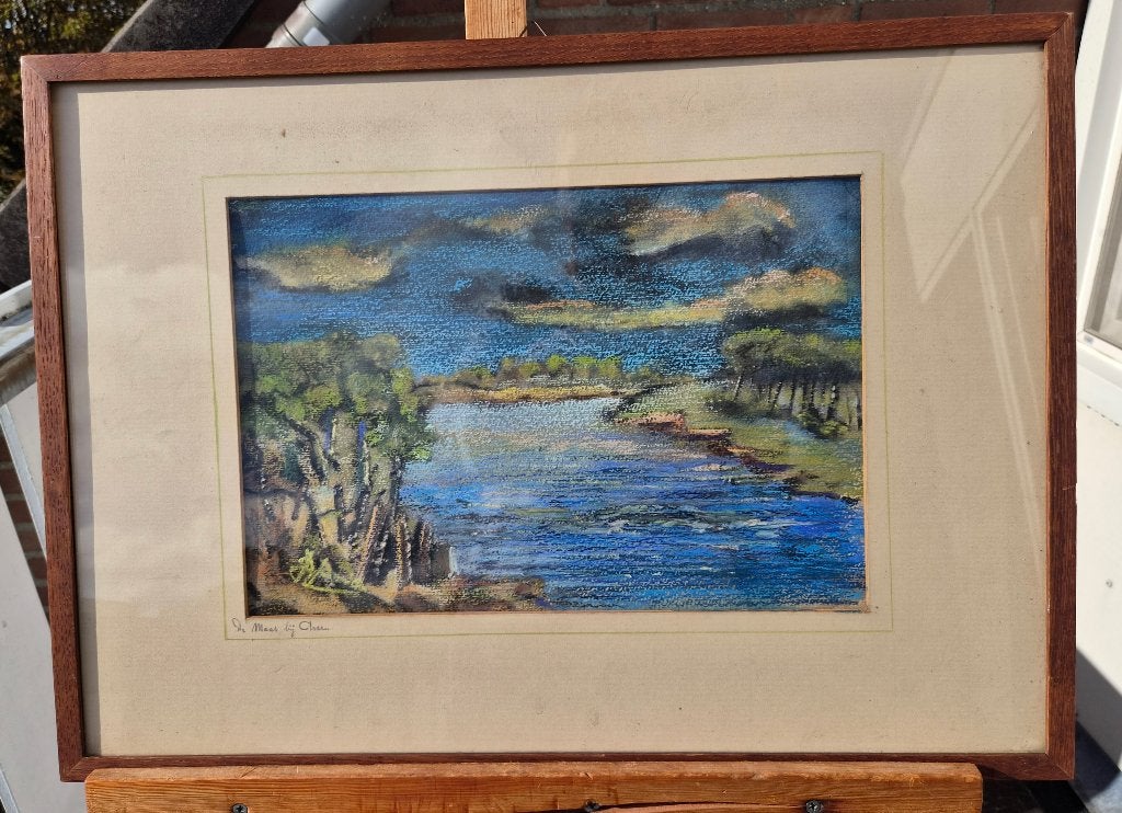 ~1950 Olieverf crayons op papier. Maas bij Cheen? Venlo, Gesigneerd, Expressionistisch, Ophalen of Verzenden, Landschap