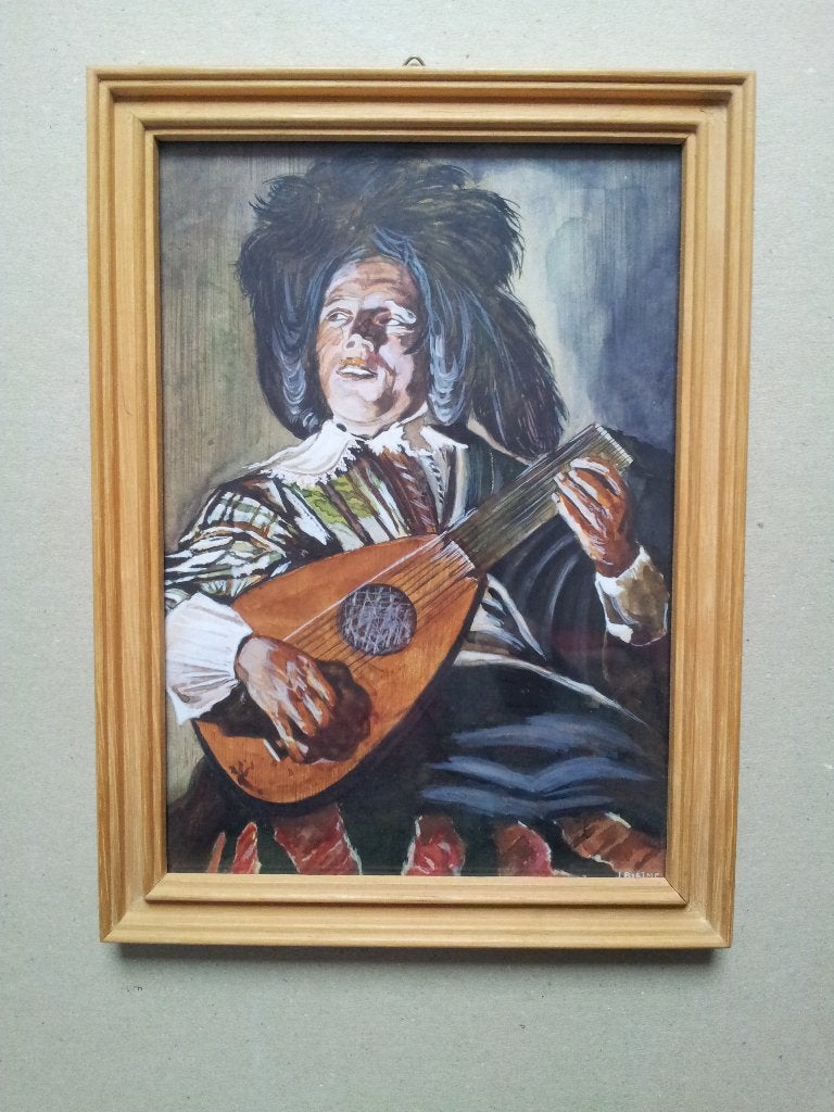 Schilderij op papier Troubadour, Luitspeler J Rietmeijer '41, Gedateerd, Portret of Personen, Overige technieken, Ophalen of Verzenden