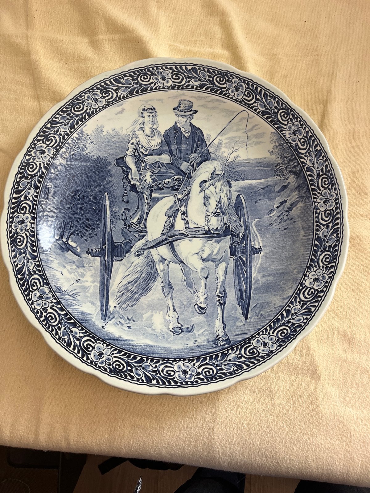 Antiek Boch Delfts Blauw Wandbord - Koets met Paard, Antiek en Kunst, Antiek | Wandborden en Tegels, Ophalen