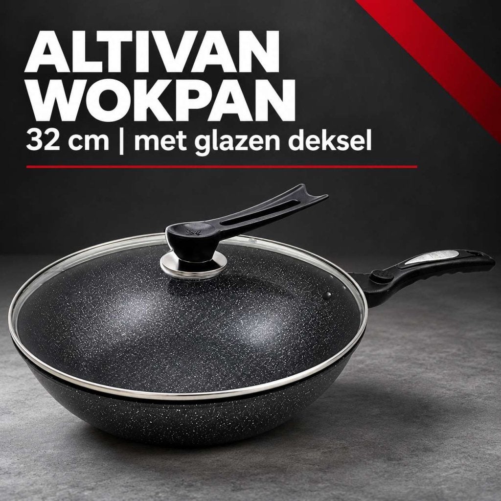 Altivan Wokpan 32 cm met glazen deksel voor inductie, Info@altivan.eu, Nieuw, Altivan, Ophalen
