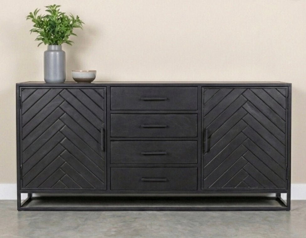 Dressoir visgraat mangohout & metaal frame, 150 tot 200 cm, Met lade(s), Zo goed als nieuw, Industrieel