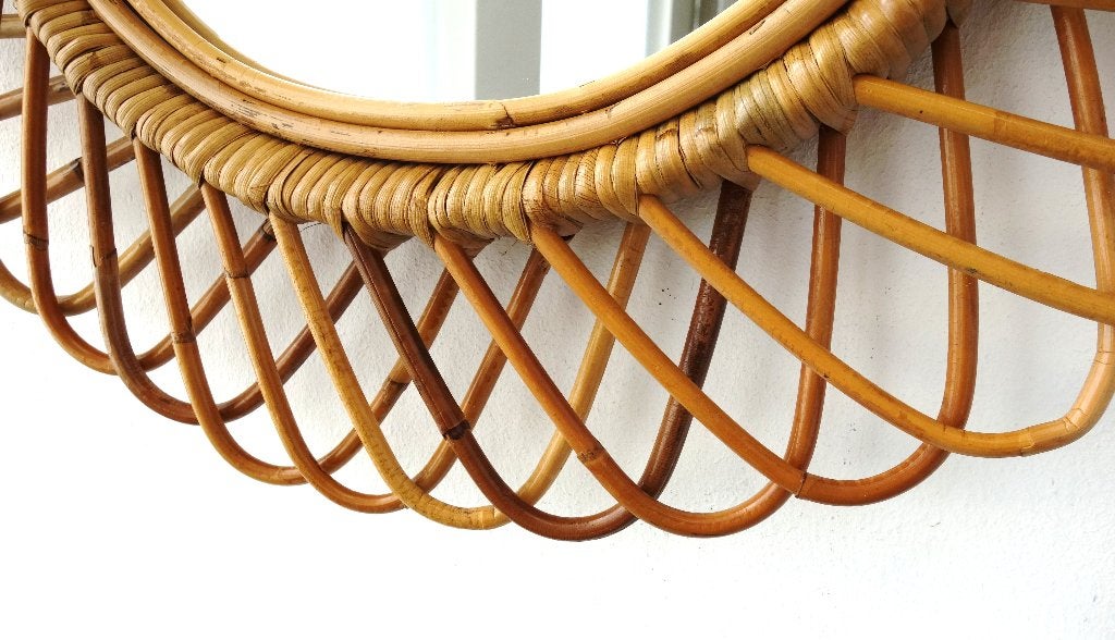 Vintage bamboe spiegel ovaal Wicker rotan XXL Franco Albini, Gebruikt, Ophalen of Verzenden, Minder dan 100 cm, Ovaal