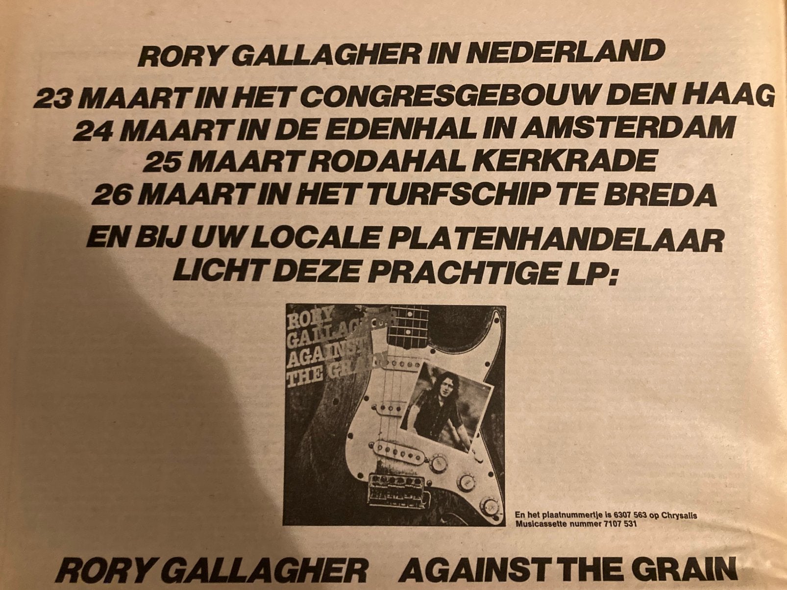 Paginagrote A4 advertentie RORY GALLAGHER tour Edenhal 1976, Cd's en Dvd's, Vinyl | Rock, Ophalen of Verzenden, Zo goed als nieuw