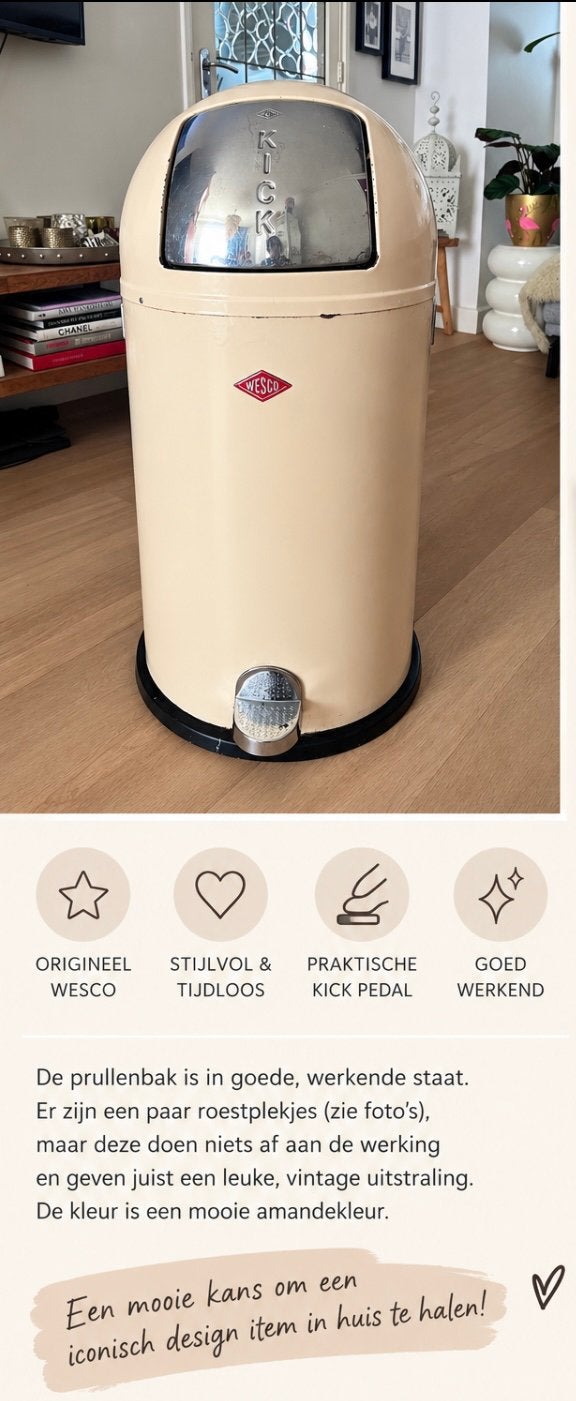 Mooie originele Wesco kickboy  amandel 40 Ltr, Huis en Inrichting, 40 liter of meer, Ophalen of Verzenden, Zo goed als nieuw