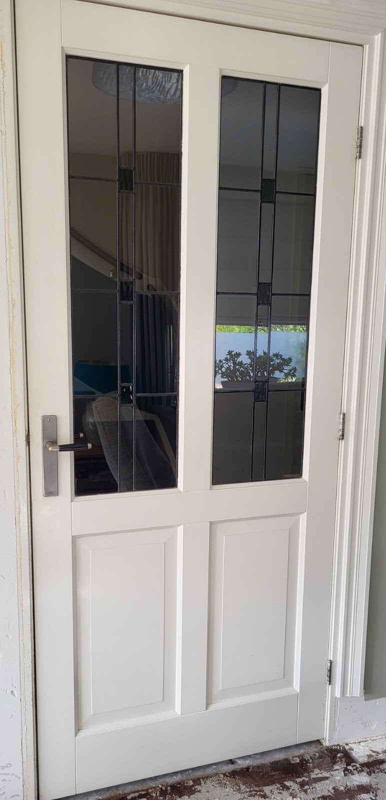 Houten stompe deur met glas in lood patroon, Ophalen, 80 tot 100 cm, Binnendeur, 200 tot 215 cm