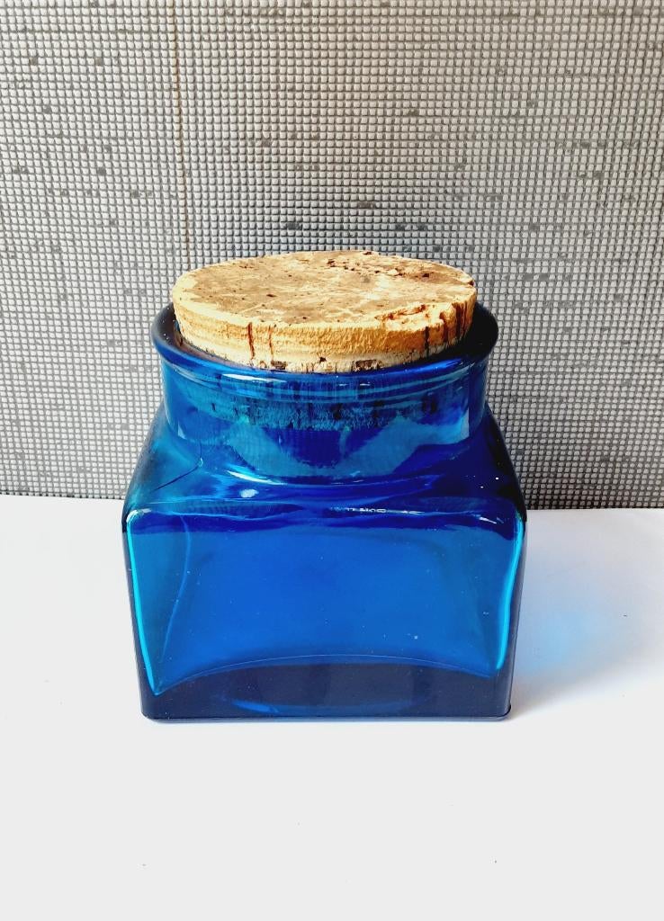 blauw glazen pot met kurk, Ophalen of Verzenden