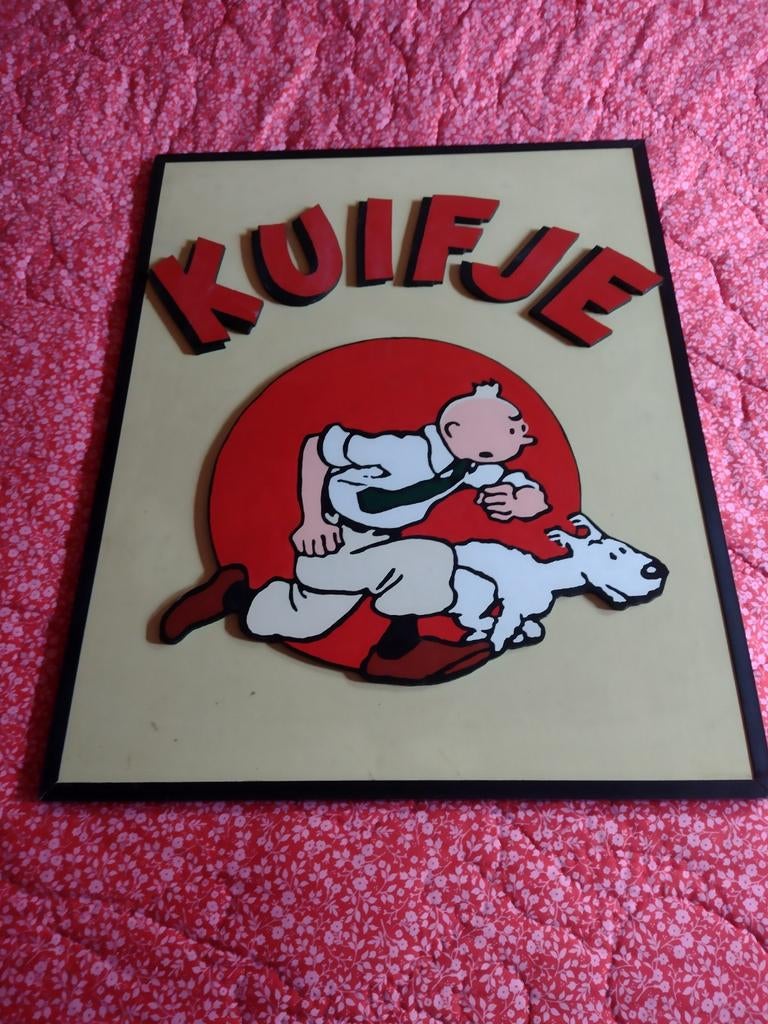 Houten bord met Kuifje en Bobbie - Uniek decoratiestuk, Ophalen of Verzenden, Kuifje, Gebruikt, Gebruiksvoorwerp