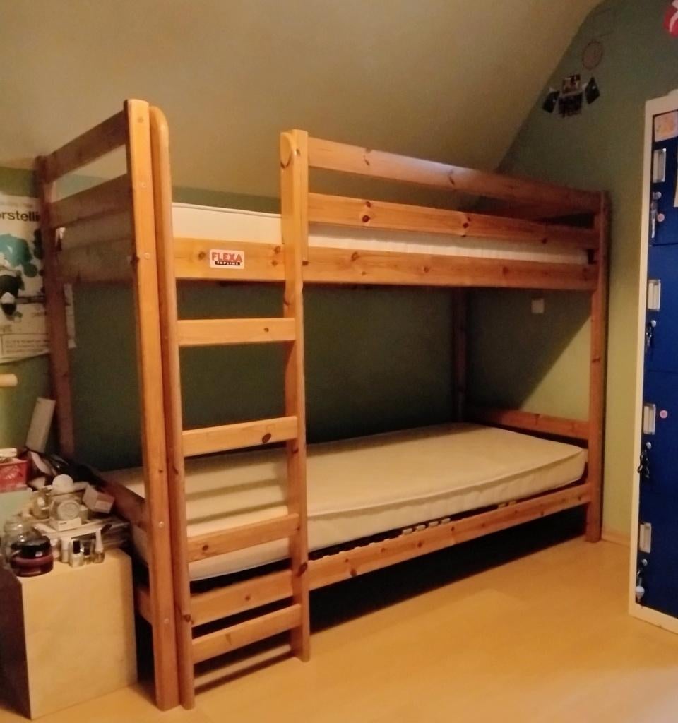 Stapelbed, Flexa Topline, Grenen, Compleet met matrassen, Kinderen en Baby's, Kinderkamer | Bedden, Gebruikt, 180 cm of meer, 85 tot 100 cm