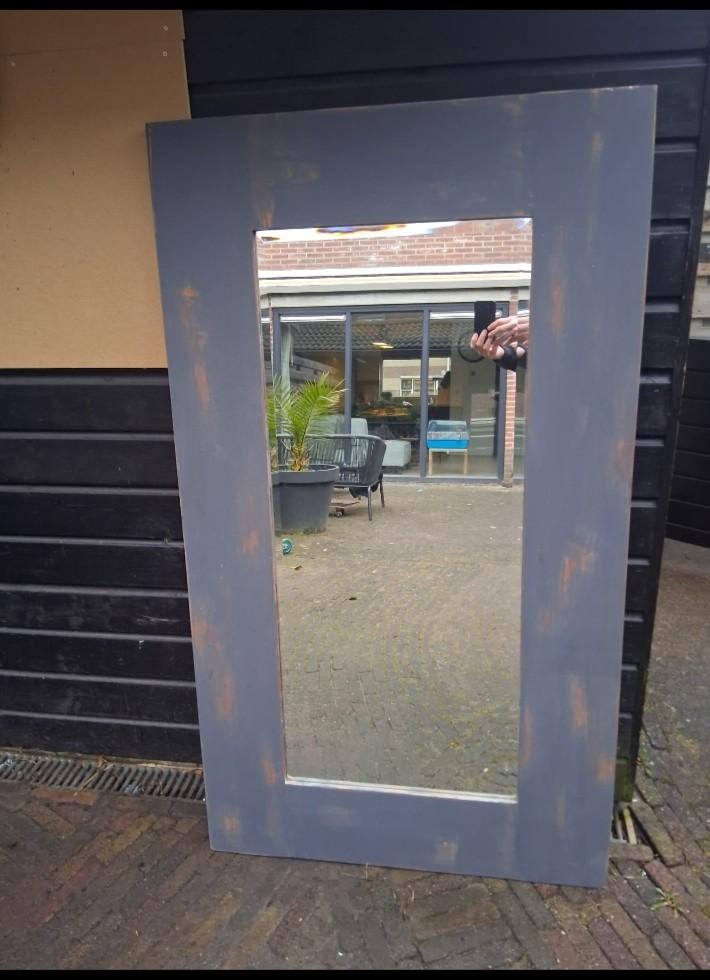 Teak houten spiegel met krijtverf - Used look, Huis en Inrichting, Woonaccessoires | Spiegels, Ophalen, Zo goed als nieuw, 75 tot 100 cm