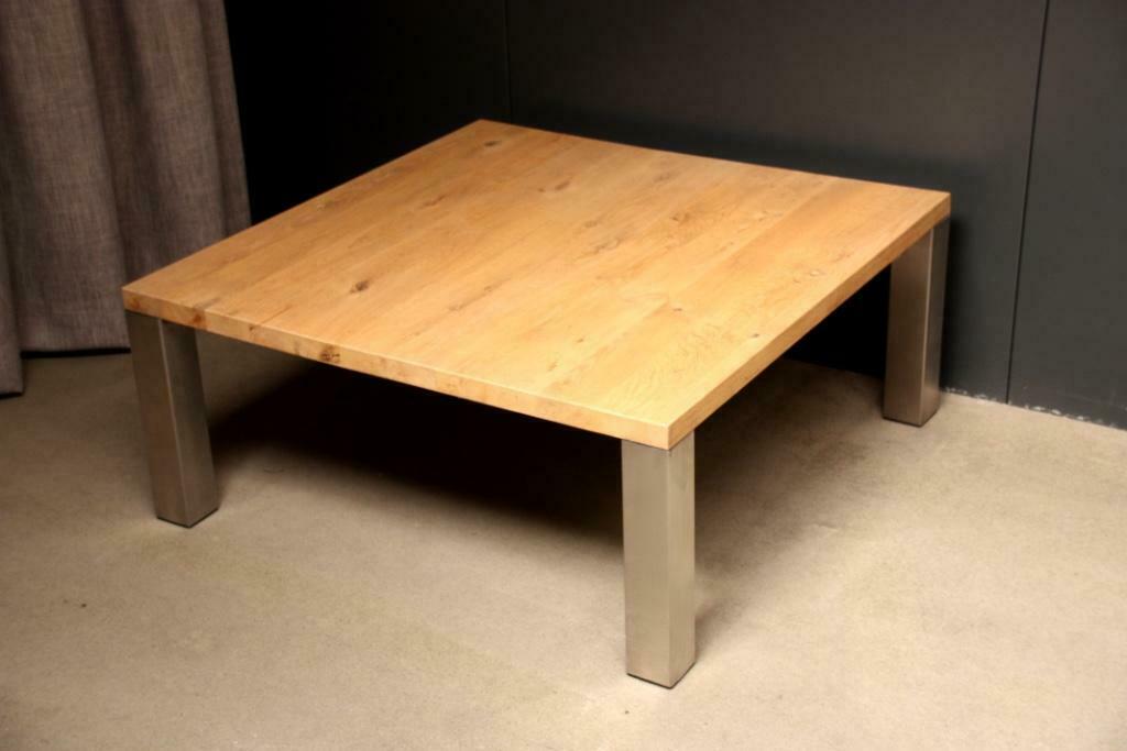 Eikenhouten Salontafel - RVS frame - 107x107cm, Ophalen, Eikenhout, Vierkant, Nieuw