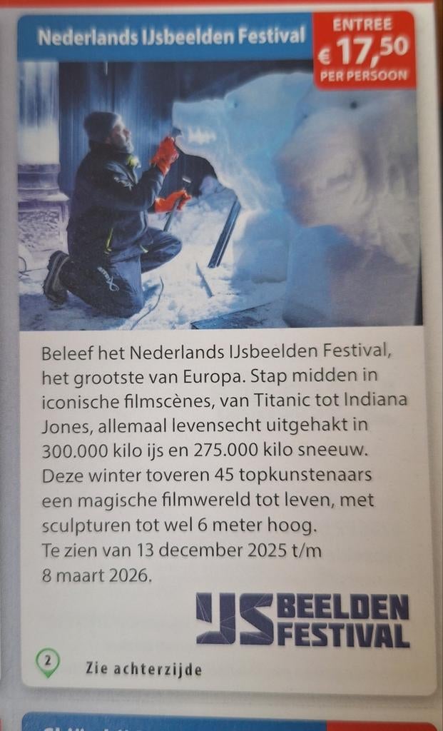 Nederlands IJsbeeldenfestival 17.50 entree pp, Twee personen, Kortingsbon, Spa of Sauna
