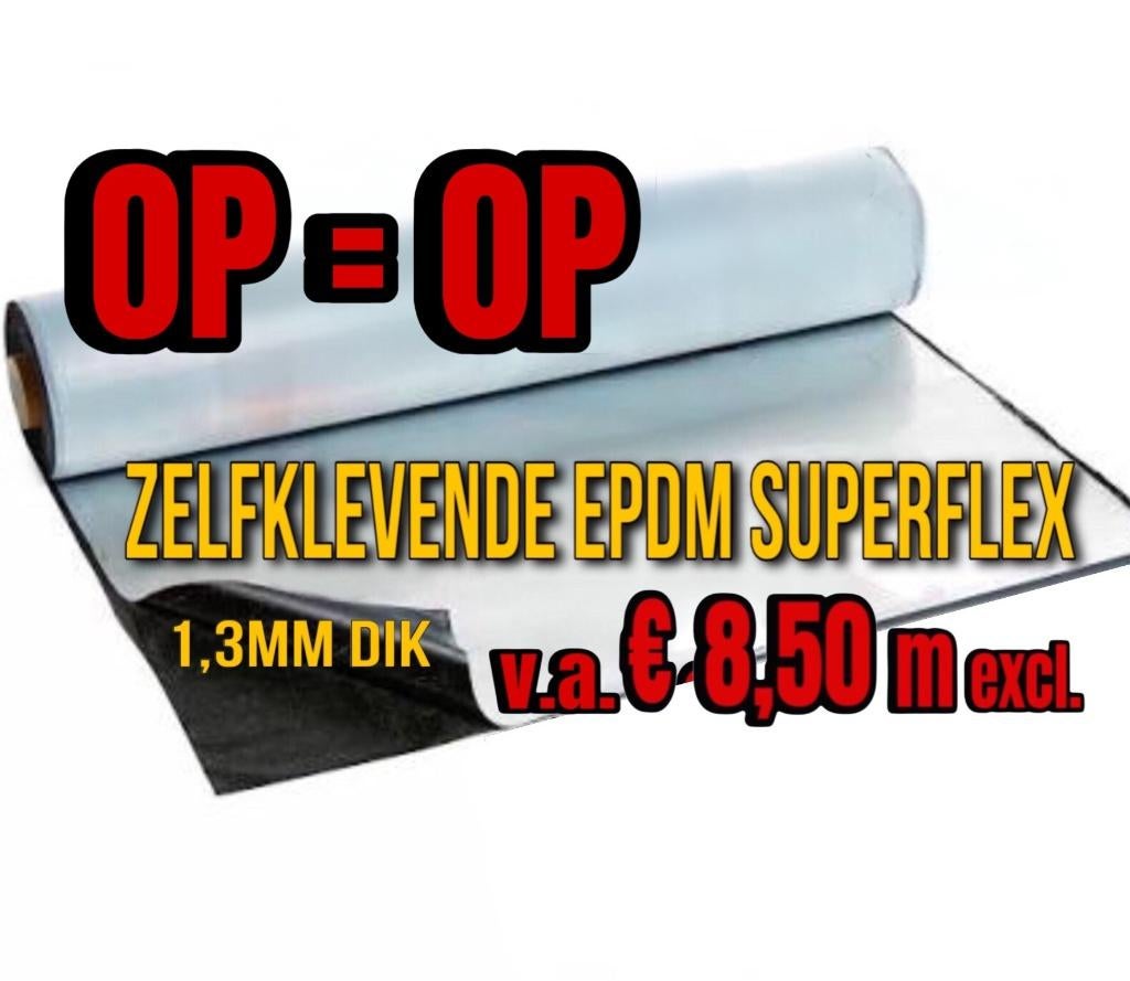 EPDM 1,3mm dik | Zelfklevend 1.50m Breed € 8,50m excl., Doe-het-zelf en Verbouw, Dakpannen en Dakbedekking, Nieuw, Dakleer, Overige materialen