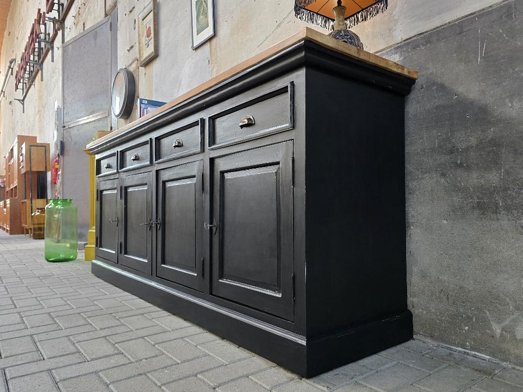 XL Zwart Houten Dressoir | Vintage Grote Lage Kast Landelijk, Gebruikt, Met deur(en), Teakhout, Ophalen of Verzenden