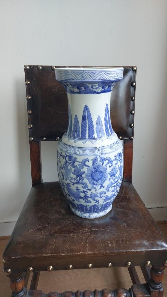 Grote blauw-witte balustervaas - vintage 'De Bijenkorf', Ophalen of Verzenden