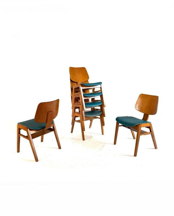 6x vintage plywood stapelstoel in stijl Egon Eiermann ‘60, Hout, Ophalen of Verzenden, Zo goed als nieuw, Vijf, Zes of meer stoelen