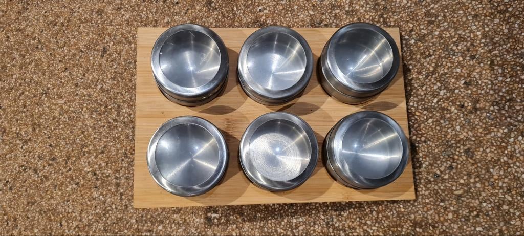 Houten kruidenrekje met RVS potjes, Ophalen of Verzenden, Gebruikt