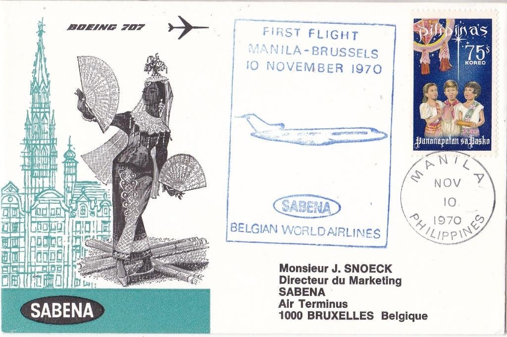 Filipijnen/België – 1ste vlucht Manilla – Brussel – M865, Ophalen of Verzenden, Envelop