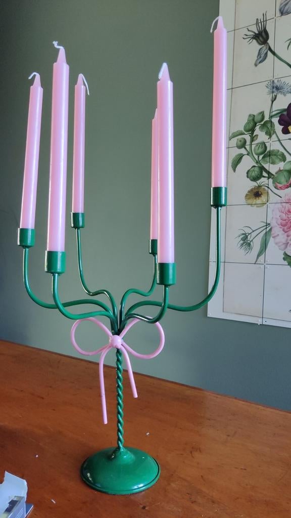 Anna  + Nina Kandelaar - Groen met Roze Accent, Ophalen, 25 tot 50 cm, Zo goed als nieuw, Metaal