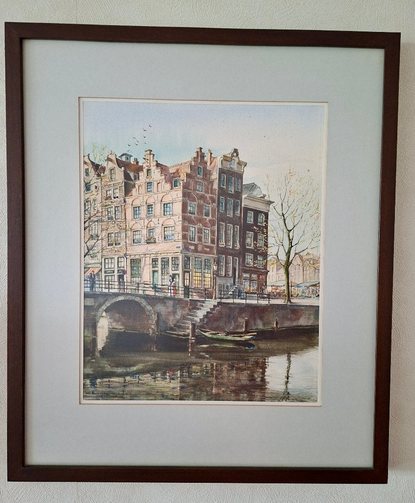 aquarel cafe het Papeneiland Amsterdam, Antiek en Kunst, Ophalen