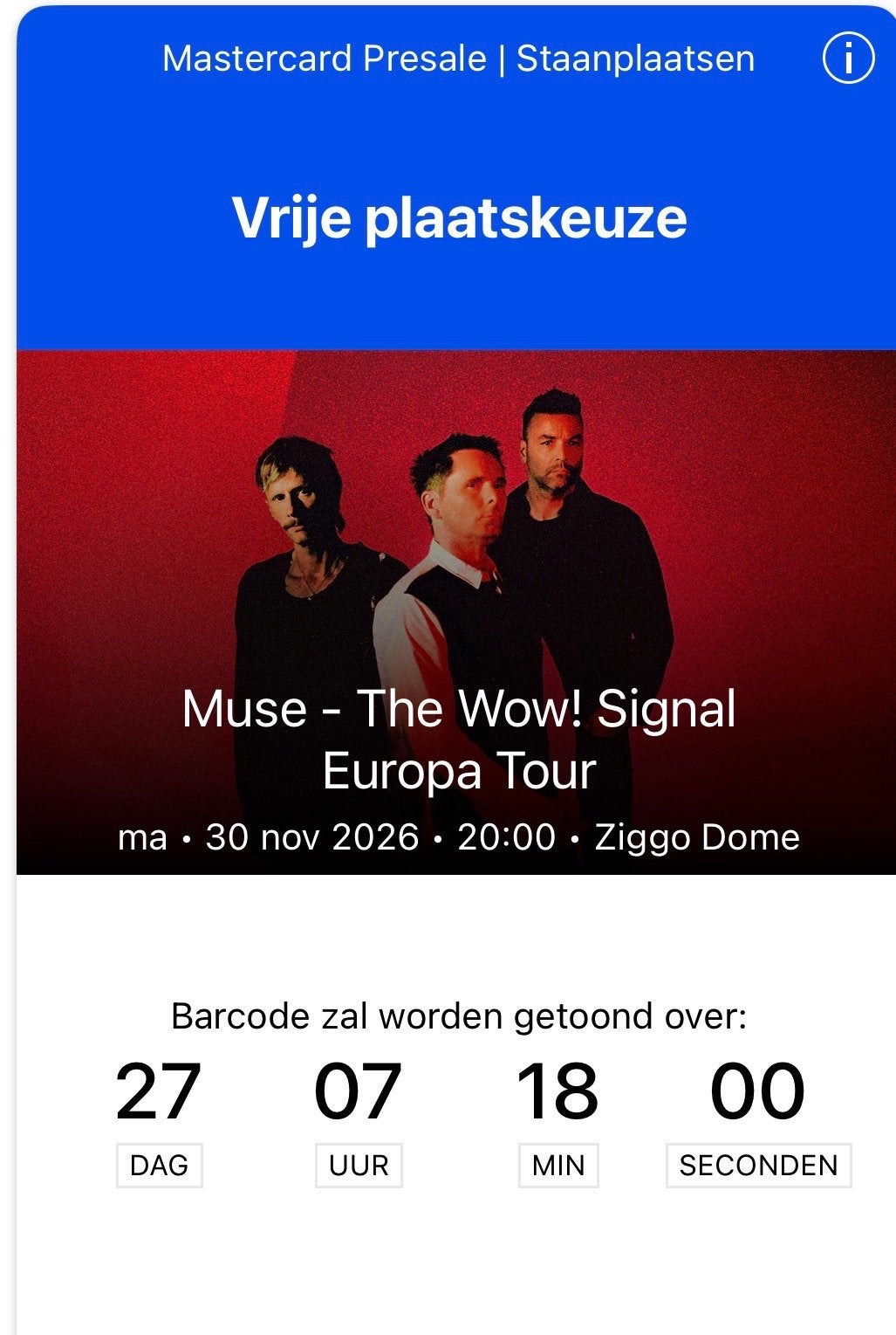 Muse Ticket Staanplaats Ziggo Dome 30-11, Eén persoon, November