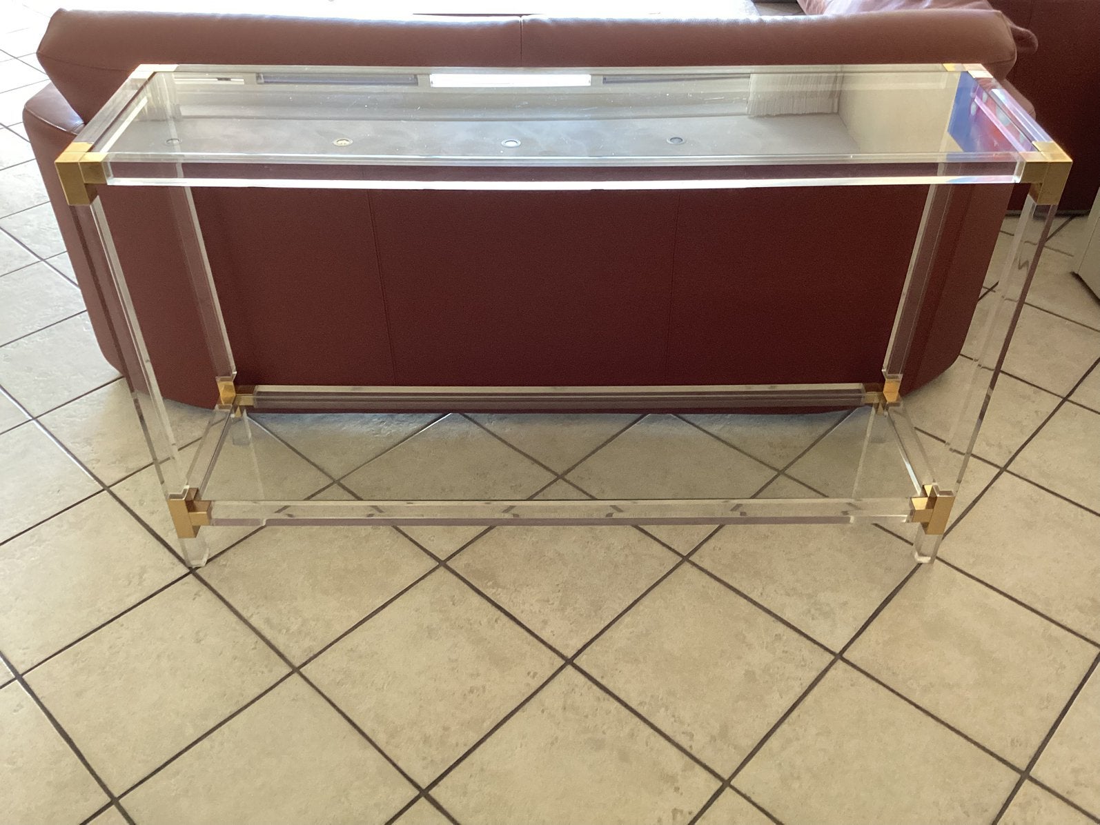 Prachtige Lucite console plexiglas en goudvergulde details, Huis en Inrichting, Tafels | Bijzettafels, Ophalen, Zo goed als nieuw