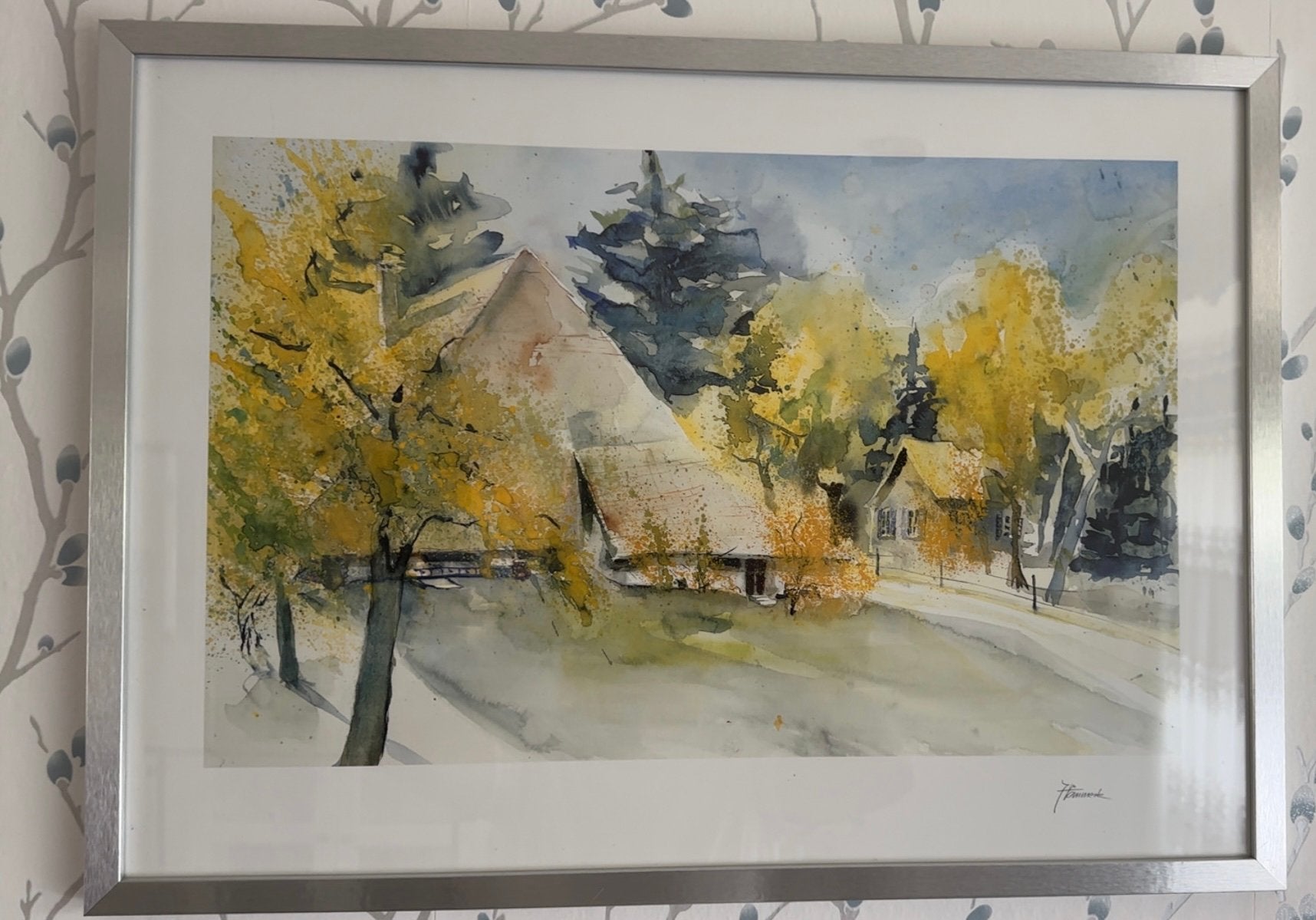 Ingelijste Aquarel Schilderij - Herfst Landschap met Huis, Ophalen of Verzenden