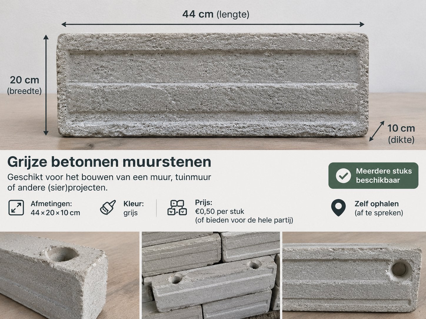 Grijze betonnen muurstenen 44x20x10 cm - Partij te koop
