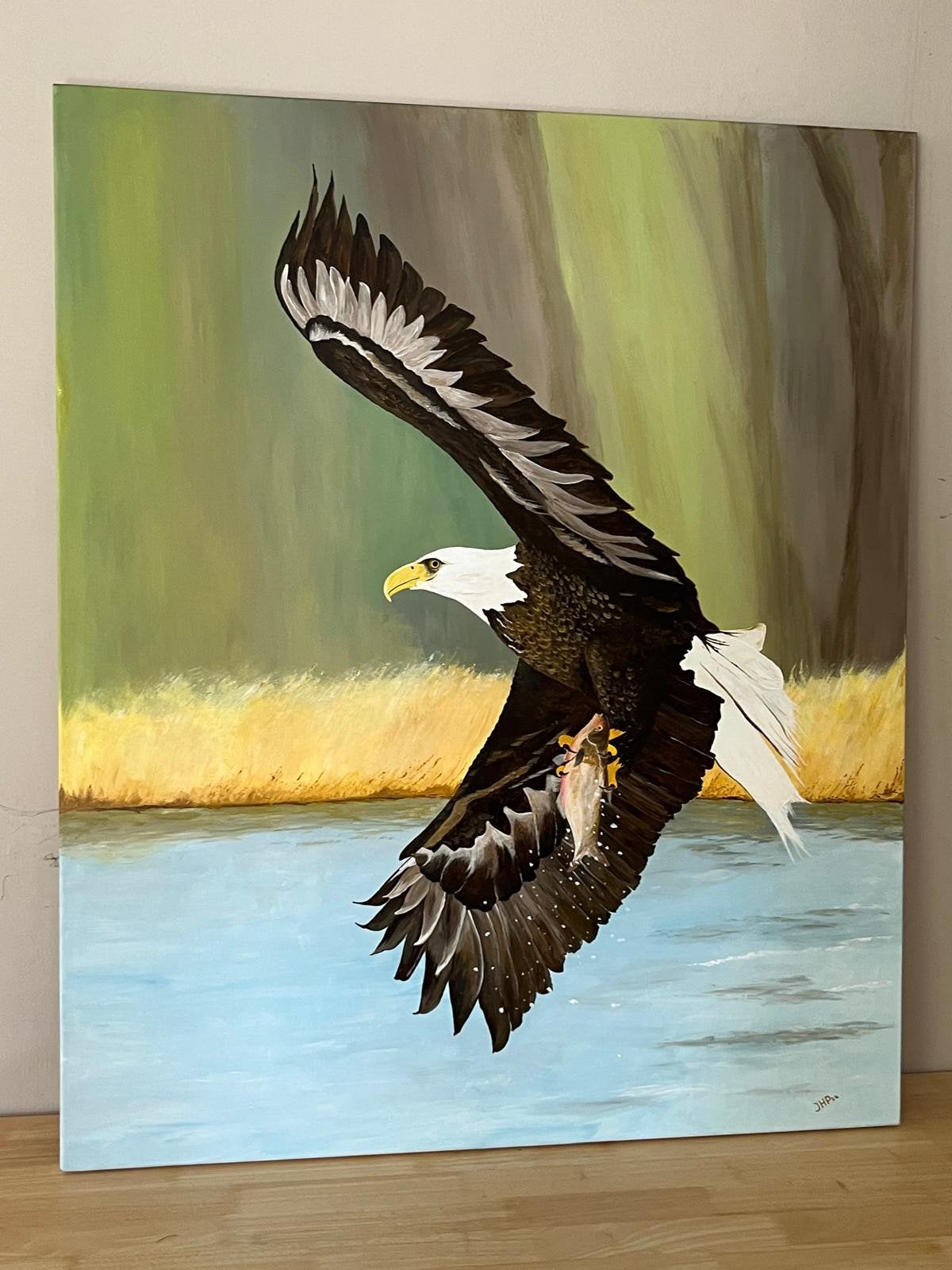 Schilderij: Vliegende Amerikaanse Zeearend met Vis, Ophalen, Doek, Realistisch, Dieren