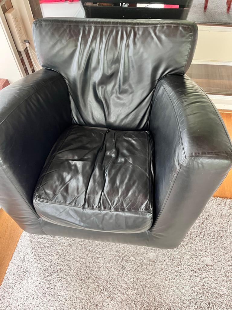 Comfortabele zwarte leren fauteuil, Ophalen, Gebruikt, 75 tot 100 cm, Leer