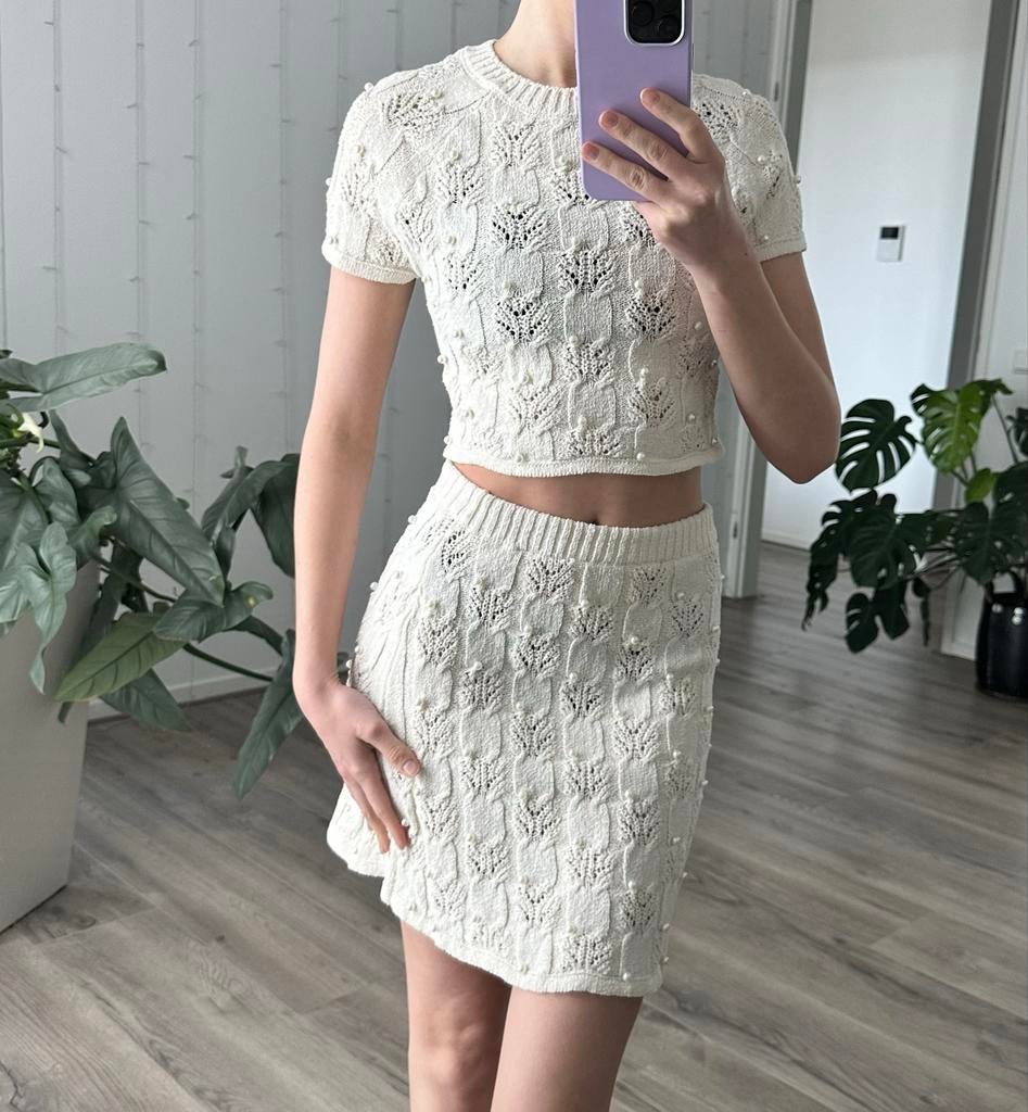 Zara co-ord set parels crème XS, Verzenden, Beige, Korte mouw, Maat 34 (XS) of kleiner
