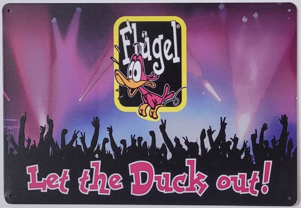 Flugel let the duck out horizontaal reclamebord van metaal, Verzamelen, Merken en Reclamevoorwerpen, Reclamebord, Info@deconoord.nl