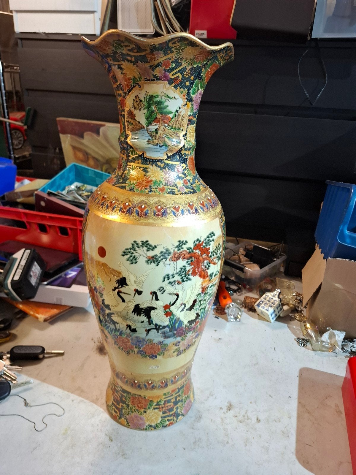 Grote Chinese Vaas met Kraanvogels en Bloemen - 60cm, Antiek en Kunst, Antiek | Vazen, Ophalen