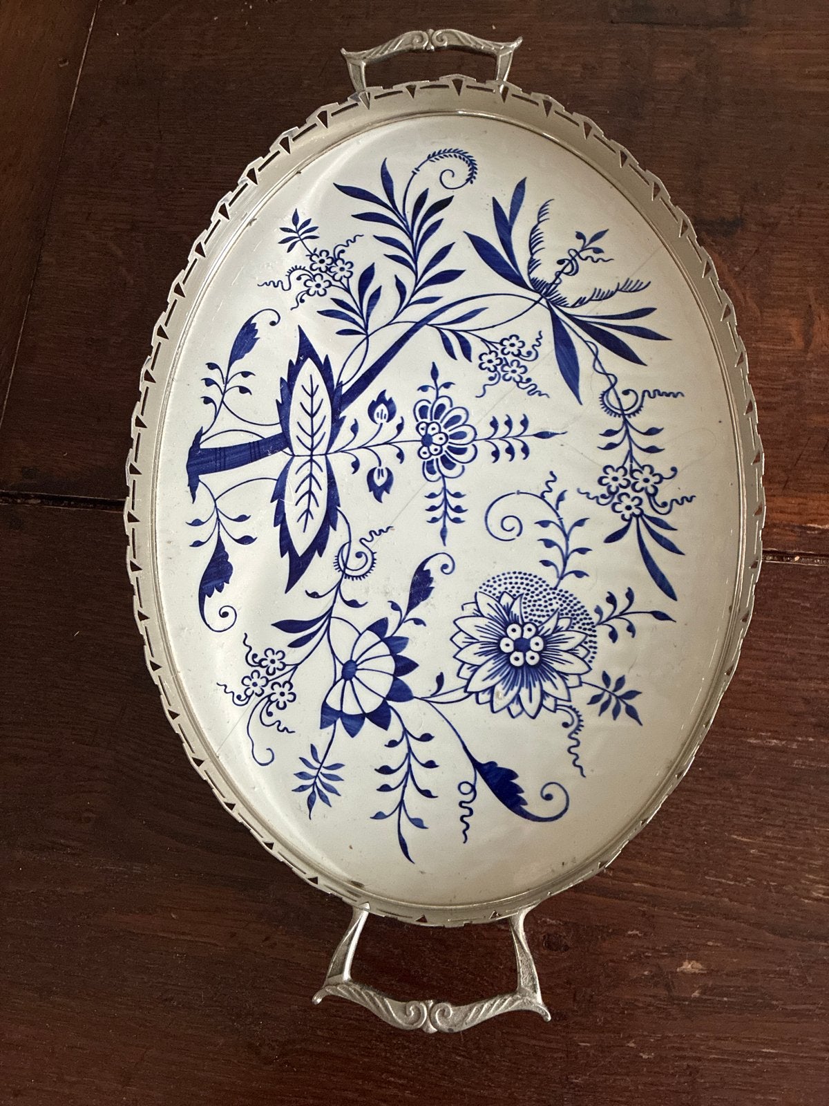 Antiek dienblad met Blauw Zwiebelmuster decor, Ophalen of Verzenden