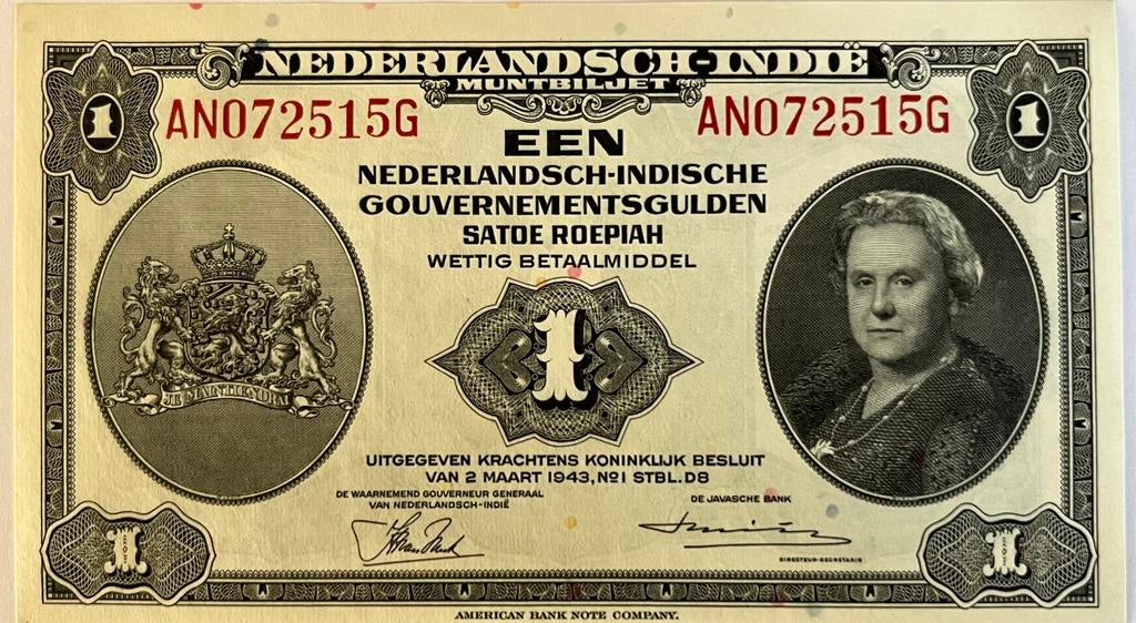 Nederlands-Indië een gulden 1943 UNC, Ophalen of Verzenden, 1 gulden, Los biljet