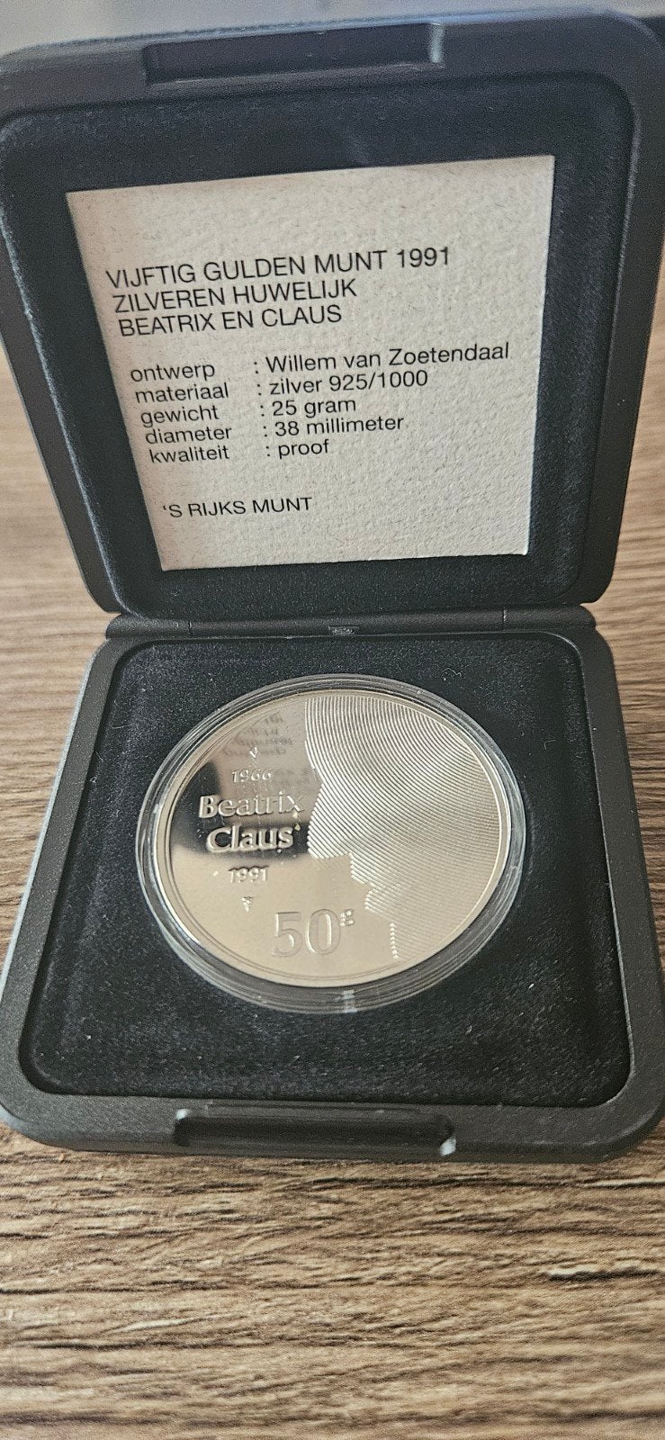 Zilveren 50 gulden 1991 Beatrix en claus proof, Koningin Beatrix, Zilver, Ophalen of Verzenden, Losse munt