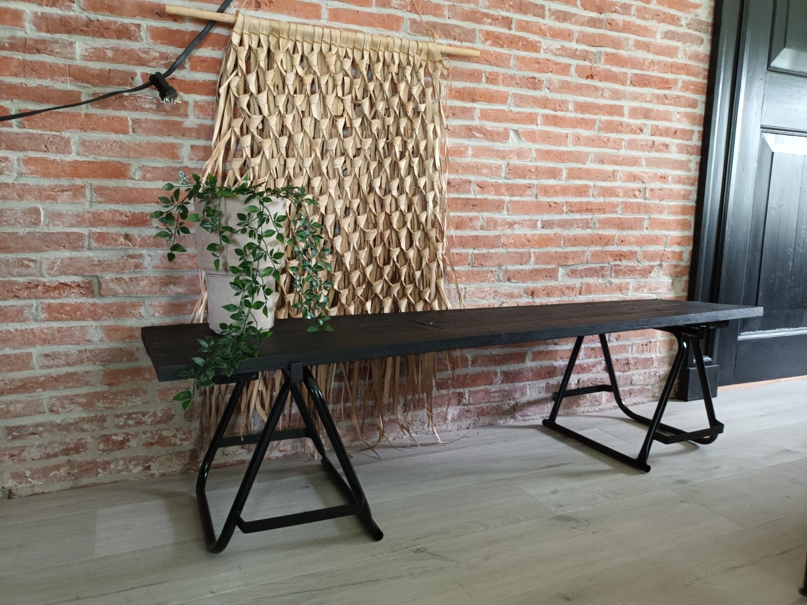 Steigerhouten bankje met schragen - 190x40x36 cm, Ophalen, Gebruikt, Zwart, Hout