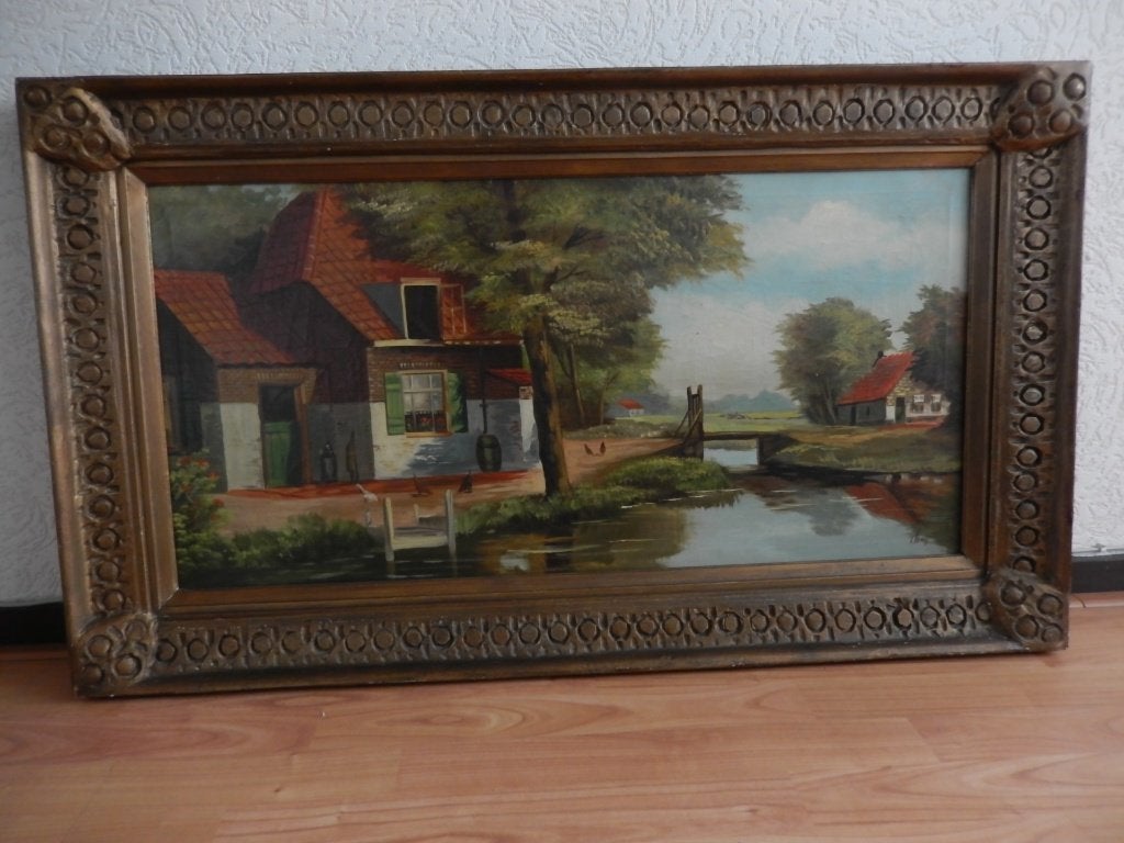 Klassiek schilderij 'boerderij aan het water', gesigneerd, Antiek en Kunst, Kunst | Schilderijen | Klassiek, Ophalen of Verzenden