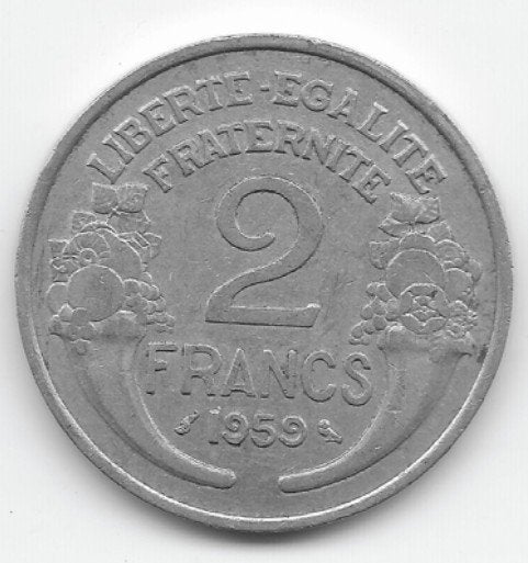 Frankrijk 2 francs 1959 KM# 886a.1, Ophalen of Verzenden, Frankrijk, Losse munt
