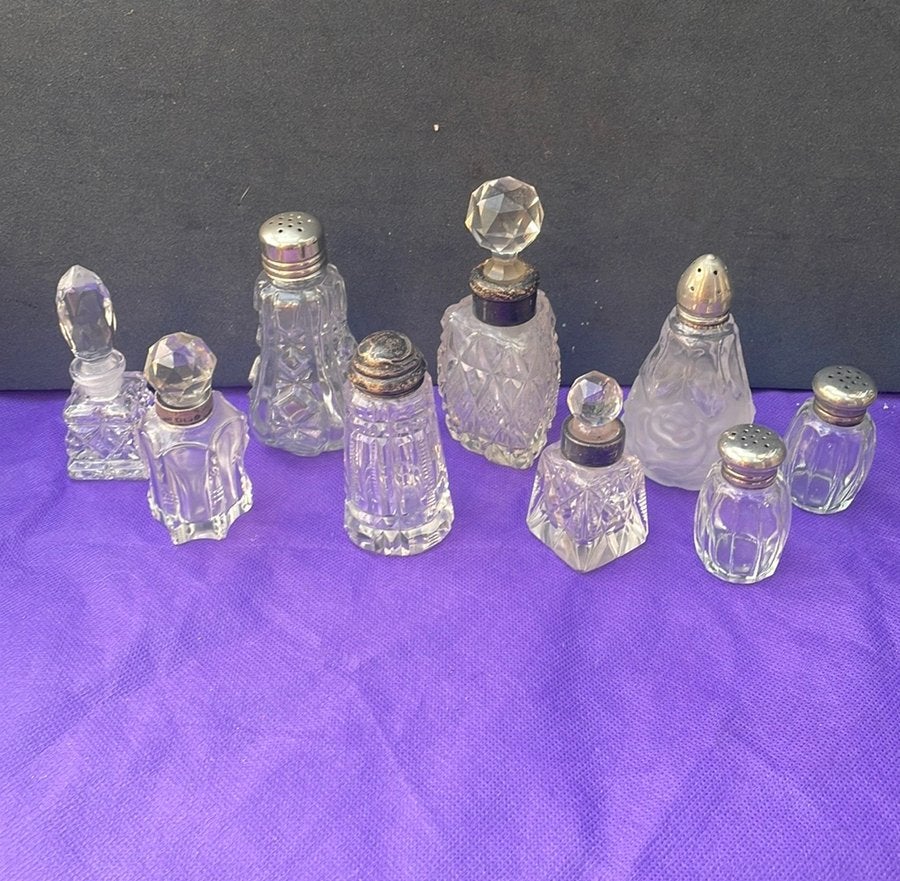 9 x Antieke parfum flesjes peper en zout deels met zilver, Antiek en Kunst, Ophalen of Verzenden