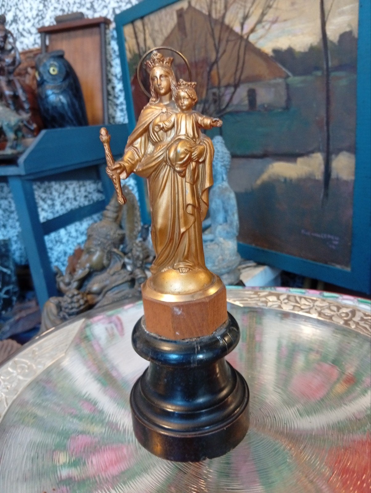 Antiek Mariabeeld met Kind Jezus - Verguld, Ophalen of Verzenden