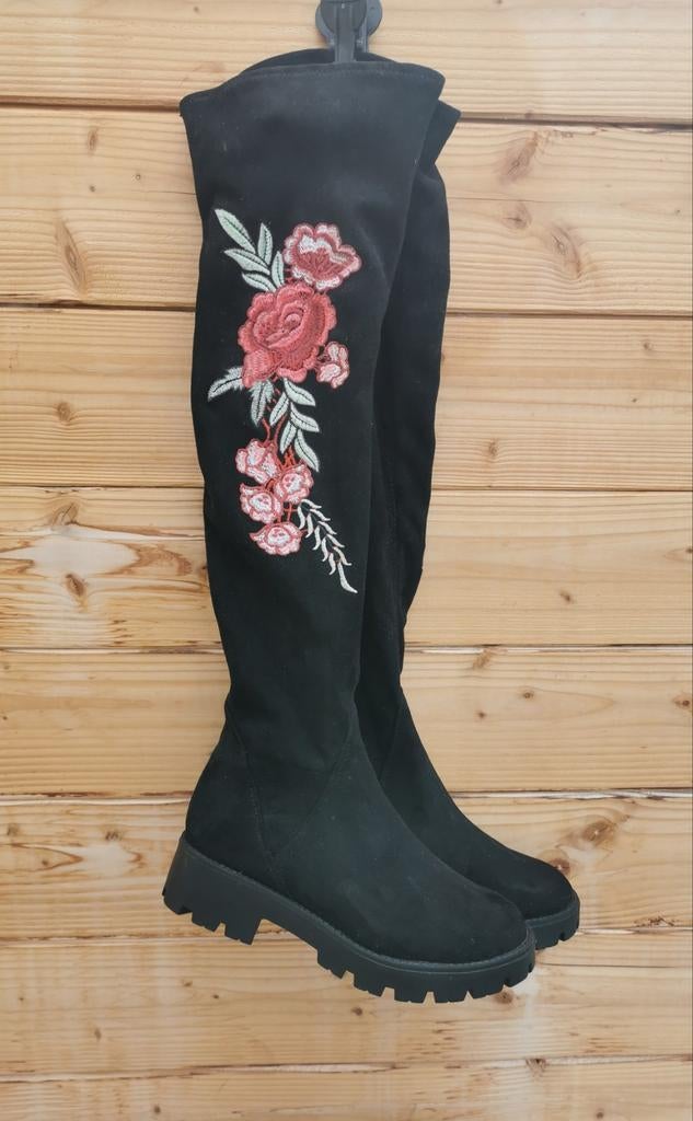 Overknee laarzen met borduursel mt. 38, Hoge laarzen, Verzenden, Zwart, Nieuw