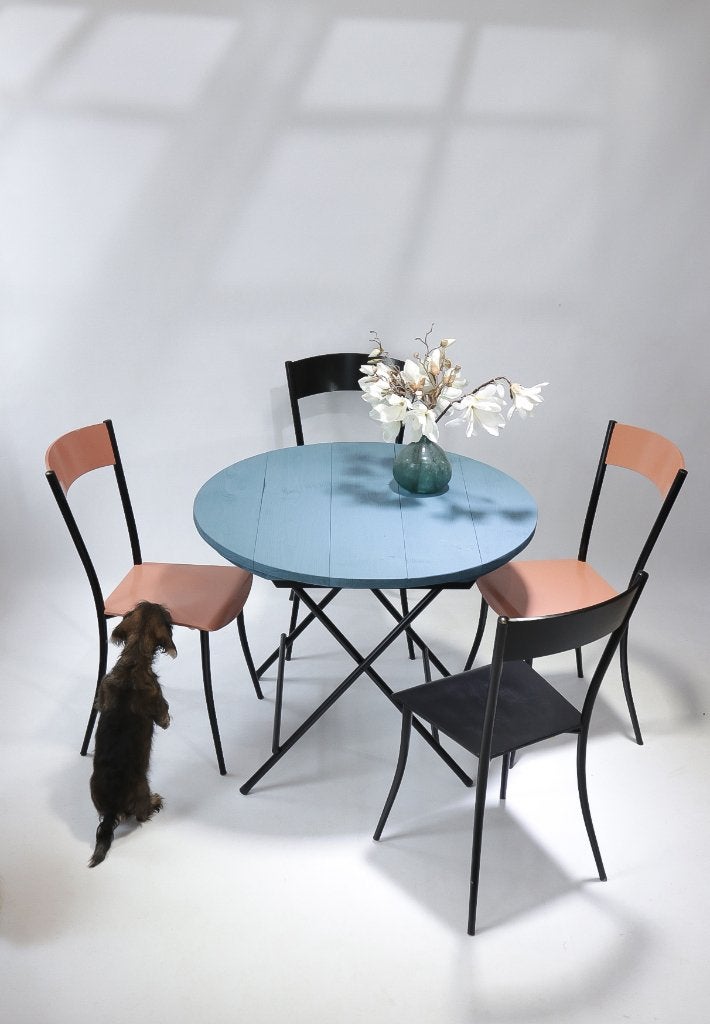 Franse Stijl Ronde Klaptafel Bistro Terrastafel Vaalblauw, Huis en Inrichting, Ophalen, Minder dan 55 cm, Gebruikt, Rond