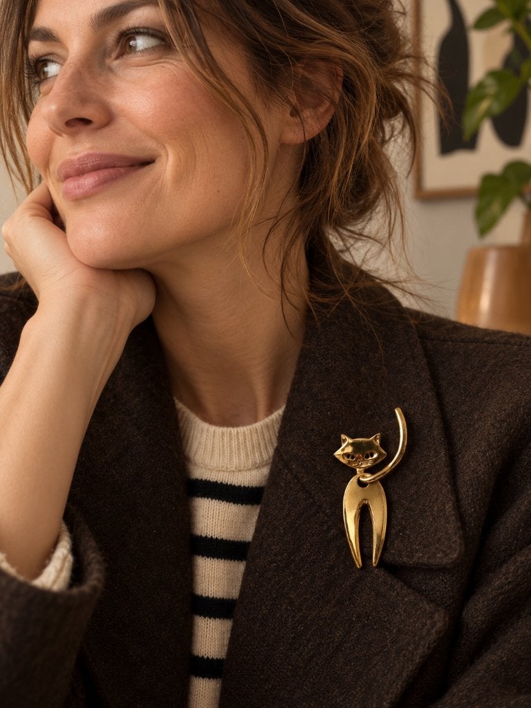 Vintage broche kat goudkleurig messing jaren 70, Overige materialen, Ophalen of Verzenden, Zo goed als nieuw, Goud