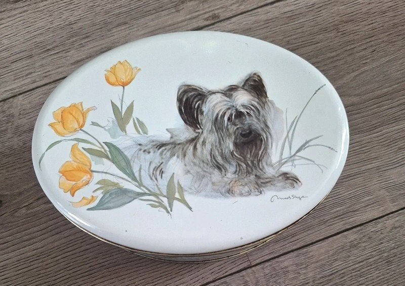 Vintage Engels blik hond & bloemen Made in England, Verzamelen, Blikken, Ophalen of Verzenden, Gebruikt, Overige, Overige merken
